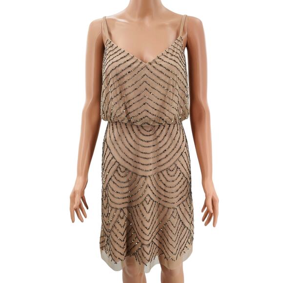 Adrianna Papell Nude Beaded Blouson Strappy Fancy Art Deco Cocktail Dress 6 - Picture 3 of 11